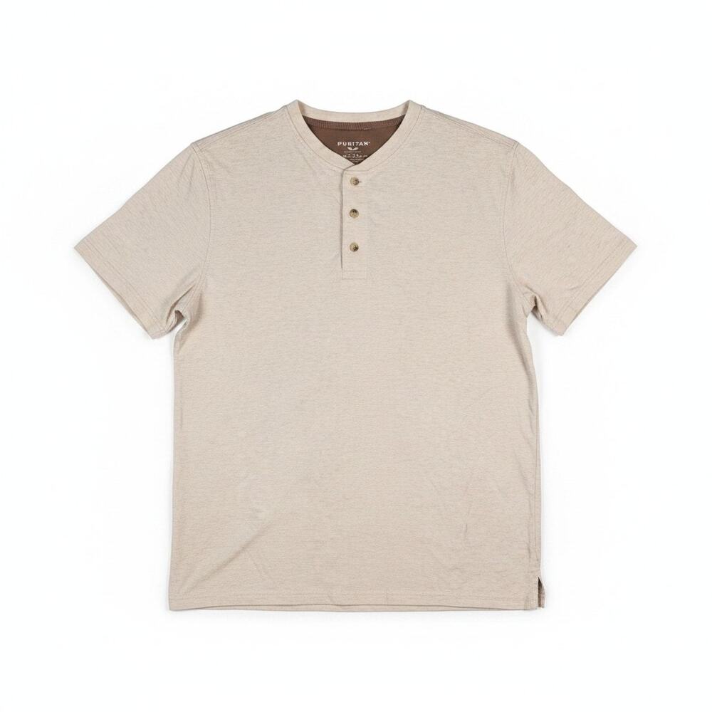 Puritan Men Short Sleeve Henly Shirt Beige L Casual Minimalist Heritage Workwear